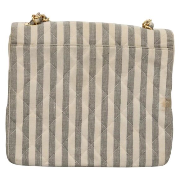 CHANEL Striped Matelasse Chain Shoulder Bag Canvas White Gray CC Auth 110304AV - Picture 2 of 16